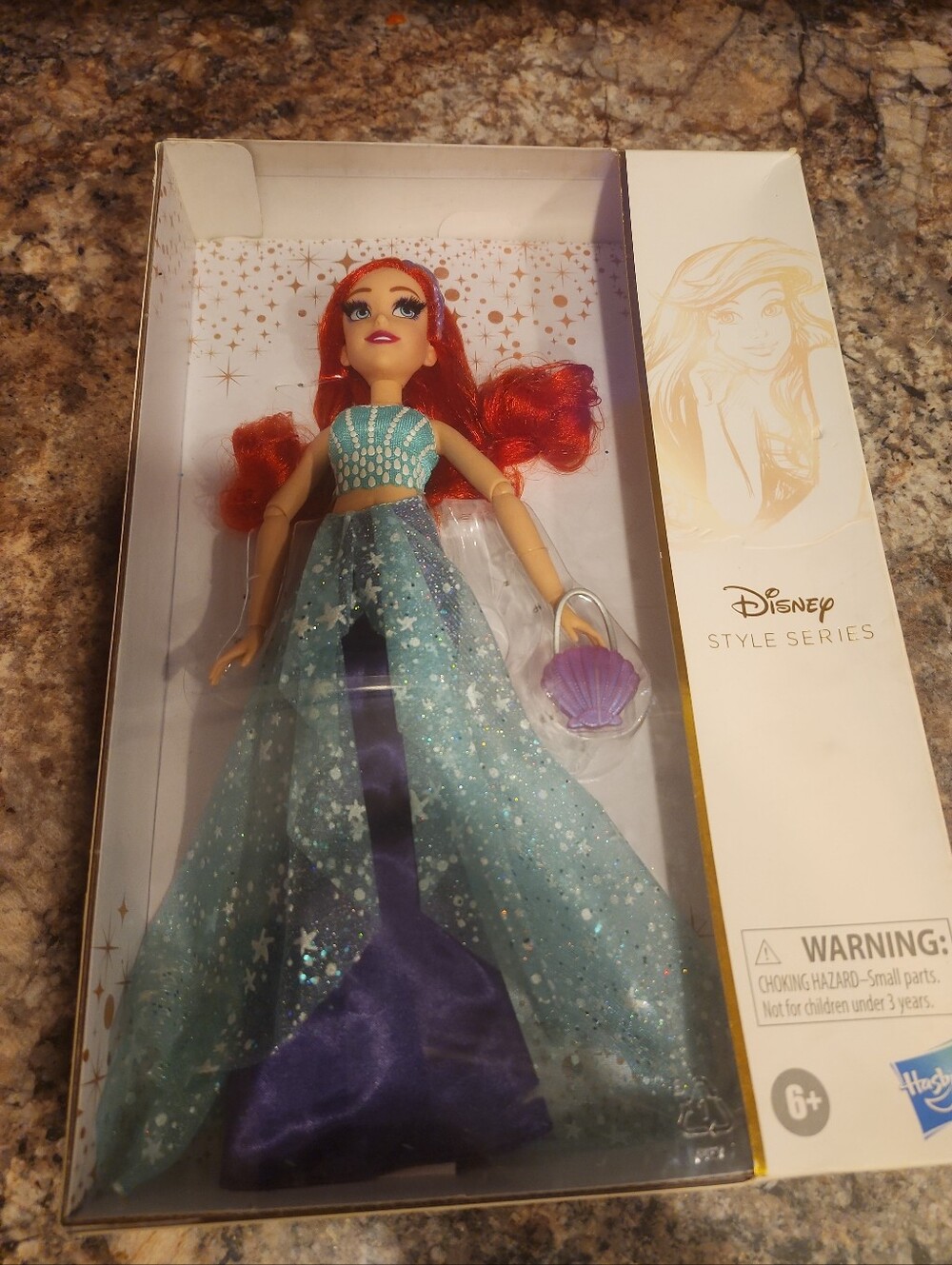 Disney Ariel Red Hair Doll in Teal & Purple Gown with Purple Shell Purse